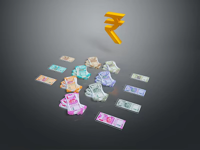 Colorful Indian Rupee Currency Notes With Floating Symbol On Dark Background 3d model