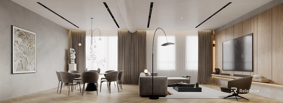 Modern Dining and Living Room Interior With Sofa Dining Table Pendant Lights And Curtains 3d model