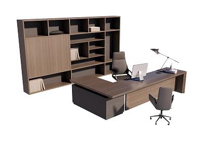 Modern Office Desk and Chair Set with Wooden Bookshelf and Workspace 3d model