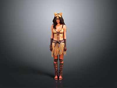 Woman In Tribal Inspired Costume With Fringe Skirt Headpiece Arm Cuffs And Tall Boots 3d model