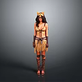 Woman In Tribal Inspired Costume With Fringe Skirt Headpiece Arm Cuffs And Tall Boots