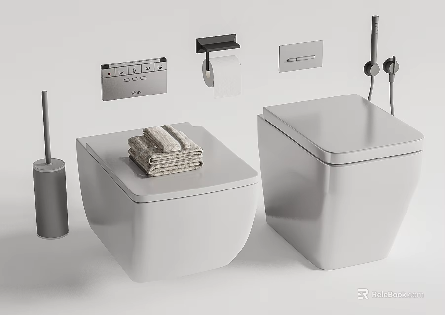 Modern White Toilets With Stacked Towels Toilet Brush And Paper Holder 3d model 