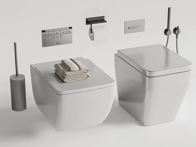 Modern White Toilets With Stacked Towels Toilet Brush And Paper Holder 3d model
