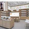Modern Supermarket Department Store Interior With Neat Shelves Various Products Wooden Counters And Stools