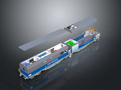 Modern Blue And Gray Engineering Train With Specialized Cargo Cars And Mechanical Equipment 3d model