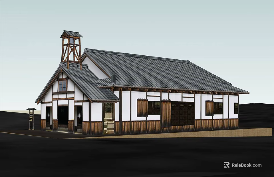 Traditional Building Featuring Gray Tile Roof Tower Wooden Structure And White Walls 3d model 