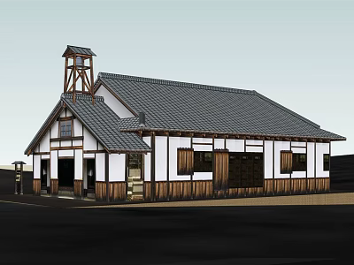Traditional Building Featuring Gray Tile Roof Tower Wooden Structure And White Walls 3d model