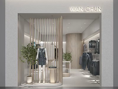 Wan Chun Clothing Store Interior With Wooden Slats Mannequin Dress Green Plants And Hanging Clothes 3d model
