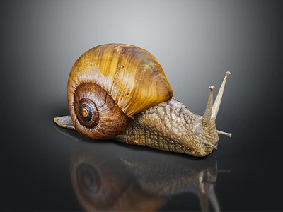 Detailed View of Snail with Brown Yellow Shell Striped Body on Dark Background with Reflection 3d model