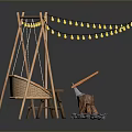 Outdoor Backyard Setup With Wicker Swing Fire Pit String Lights And Wooden Frame