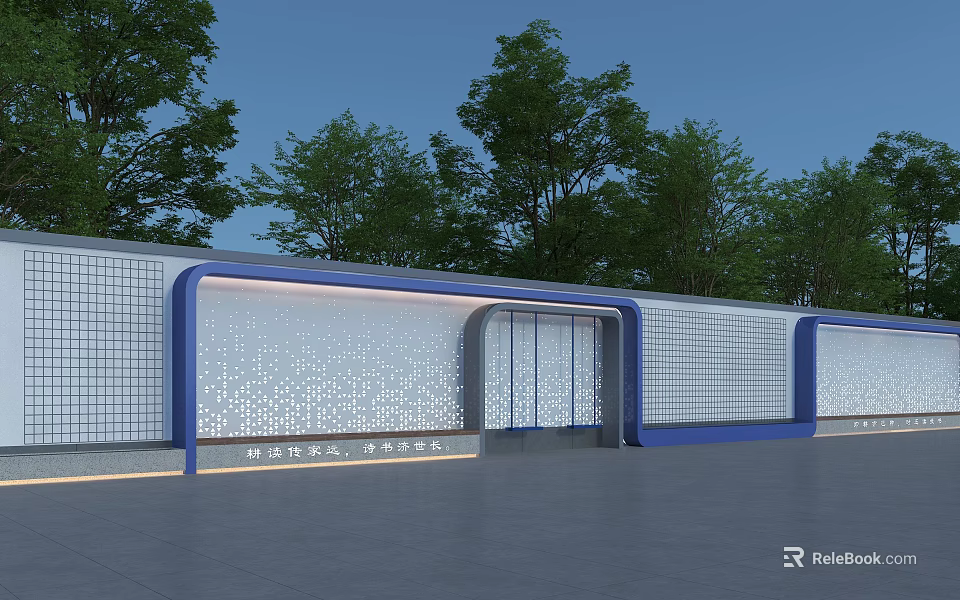 Modern Feature Wall Design With Blue Frame Glass Door And Tree Background 3d model 