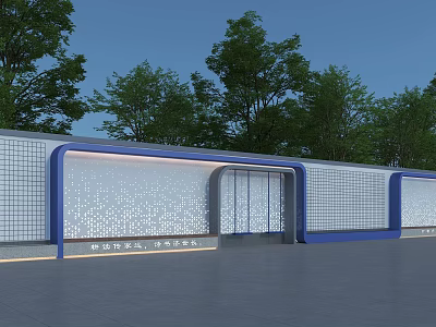 Modern Feature Wall Design With Blue Frame Glass Door And Tree Background 3d model