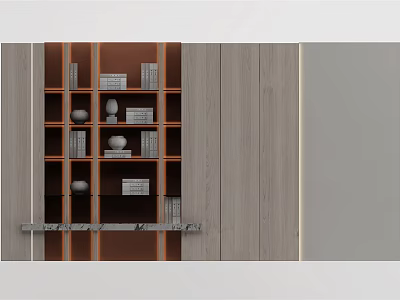Modern Wooden Bookshelf Interior Design With Layered Shelves And Decorative Books 3d model