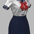 Sailor School Uniform With White Short Sleeve Top Navy Collar Red Bow And Pleated Skirt