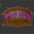 Wooden Curved Bench With Lattice Backrest Armrests And Natural Wood Grain