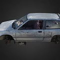 Abandoned Gray Hatchback Car With Rusty Body And Missing Wheels 3d model