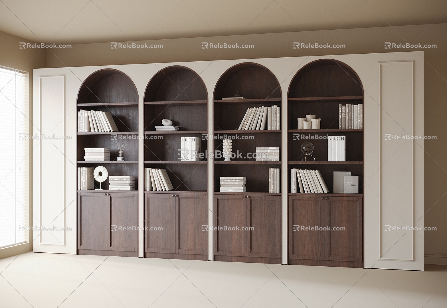 French Full Wall Bookcase Book Ornaments 3d model