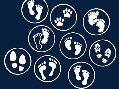Stylish Wall Decor With Circular Footprints And Paw Prints On Dark Blue Background 3d model