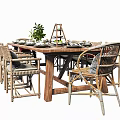 Rustic Wooden Dining Table Set With Rattan Chairs Tableware Green Plant And Decorative Stand
