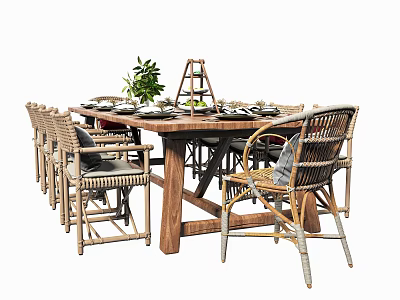 Rustic Wooden Dining Table Set With Rattan Chairs Tableware Green Plant And Decorative Stand 3d model