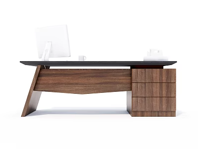 Modern Office Desk With Wooden Frame Black Tabletop And Storage Drawers 3d model