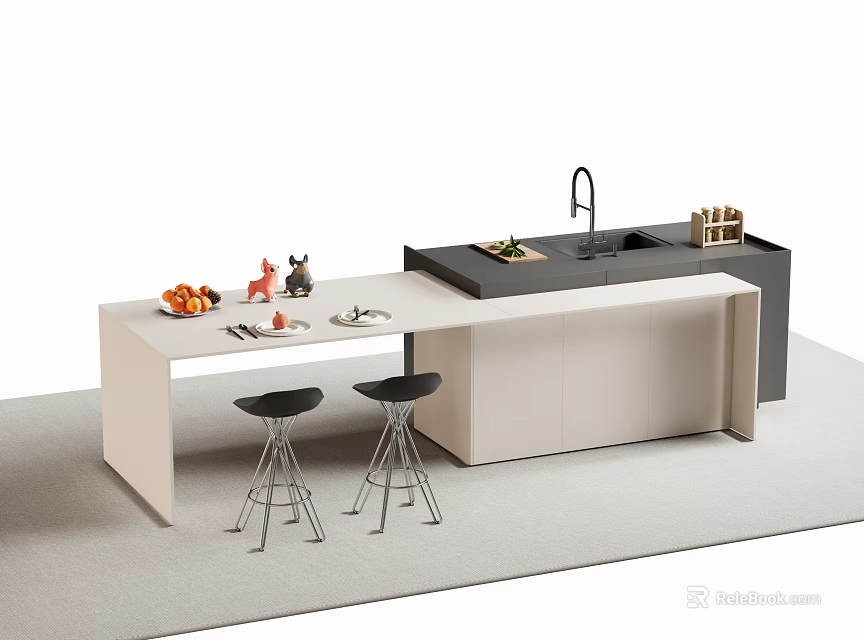 Modern Bar Counter With White Countertop Black Stools Sink Faucet Fruits and Tableware on Top 3d model 