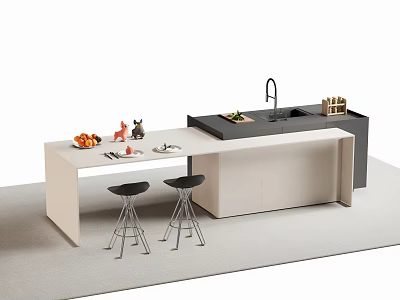 Modern Bar Counter With White Countertop Black Stools Sink Faucet Fruits and Tableware on Top 3d model