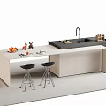 Modern Bar Counter With White Countertop Black Stools Sink Faucet Fruits and Tableware on Top