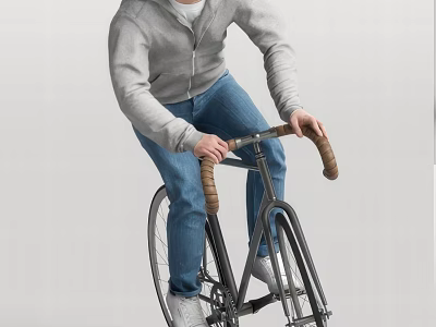 Man Riding Stylish Classic Road Bike In Casual Outfit With Leather Handlebar Grips 3d model