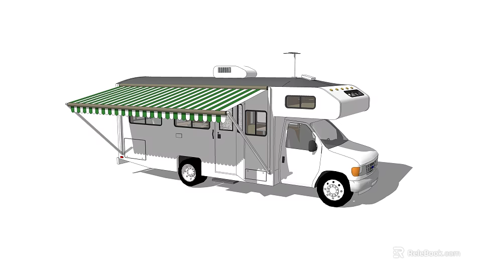 White Recreational Vehicle With Green And White Striped Awning Windows Doors And Mobile Living Space 3d model 