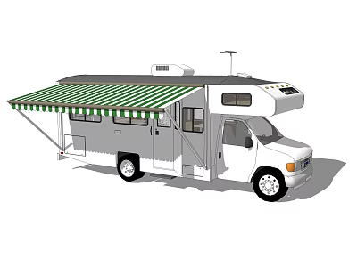 White Recreational Vehicle With Green And White Striped Awning Windows Doors And Mobile Living Space 3d model