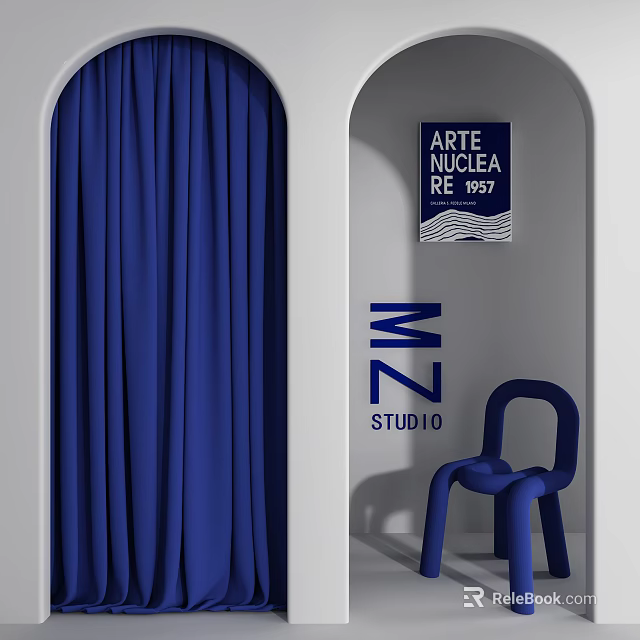 Modern Clothing Store with Blue Curtains Arched Doorway Wall Sign and Blue Chair 3d model 