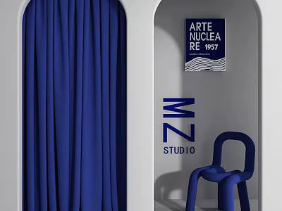 Modern Clothing Store with Blue Curtains Arched Doorway Wall Sign and Blue Chair 3d model
