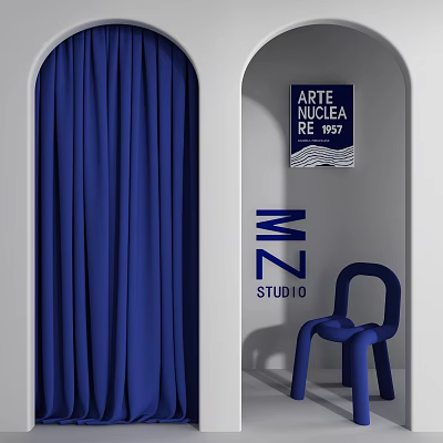 Modern Clothing Store with Blue Curtains Arched Doorway Wall Sign and Blue Chair 3d model