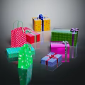 Colorful Gift Boxes And Shopping Bags With Decorative Ribbons And Bows