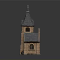 Stone Church Building With Steeple Cross Gray Tiled Roof Arched Windows And Wooden Door