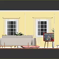 Cozy Living Room Interior With Yellow Walls Wooden Floor Geometric Rug White Sofa And Plants