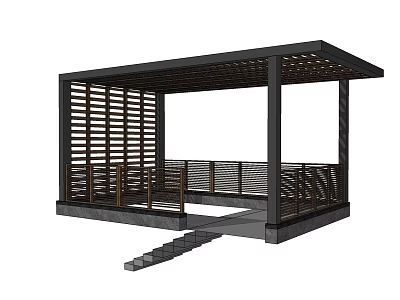 Modern Outdoor Pergola Design With Black Frame Wooden Slats Railings And Steps 3d model
