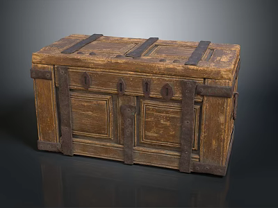 Vintage Wooden Trunk With Metal Straps And Carved Wooden Panels 3d model