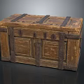 Vintage Wooden Trunk With Metal Straps And Carved Wooden Panels