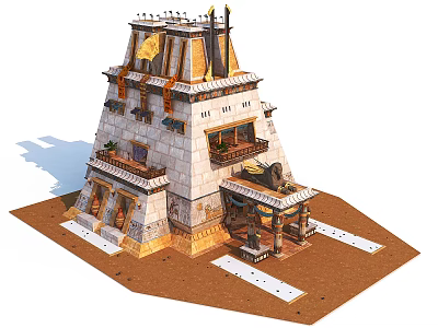 Cartoon Scene of Ancient Egyptian Pyramid with Multi Floors Flags and Decorative Balconies on Sandy Ground 3d model