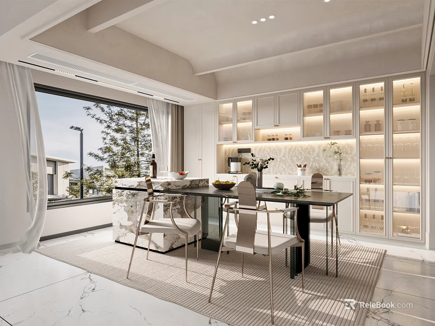 Modern Restaurant Interior With Dining Table Chairs Large Window Display Cabinets And Soft Lighting 3d model