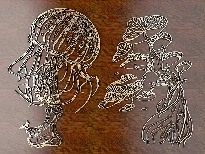 Intricate Wooden Carvings Featuring Jellyfish And Plant Patterns On Brown Background 3d model