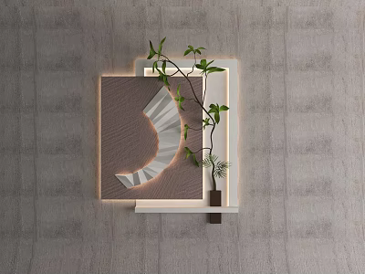 Modern Layered Wall Decor With Geometric Wooden Frames And Green Plant On Gray Wall 3d model