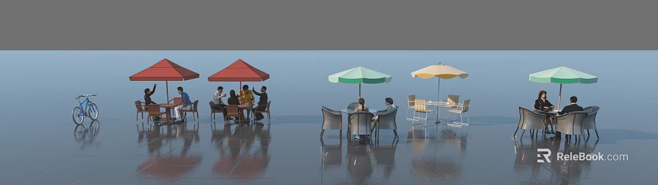 Stylish Outdoor Table with Red Green Yellow Umbrellas and Chairs for People Gathering 3d model 
