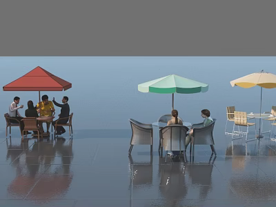Stylish Outdoor Table with Red Green Yellow Umbrellas and Chairs for People Gathering 3d model