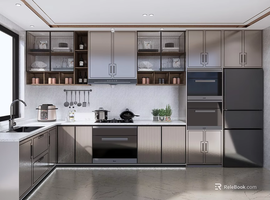 Modern Kitchen Interior Featuring Silver Cabinets Stainless Steel Appliances And Window 3d model