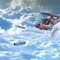 Orange Helicopter Flying Through Clouds Firing Missiles With White Smoke Trails