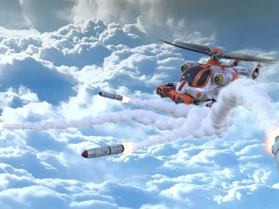 Orange Helicopter Flying Through Clouds Firing Missiles With White Smoke Trails 3d model
