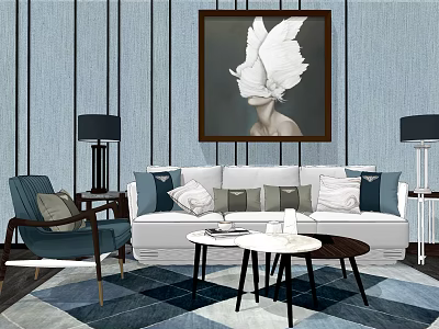 Modern Sofa And Coffee Table Set With Colorful Pillows Blue Striped Wall And Geometric Rug 3d model